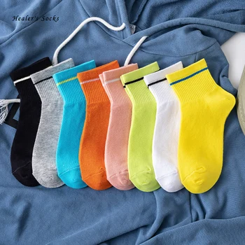 

New Fashion Women Socks Cotton Color Yellow Striped Harajuku Funny Happy College Style Soft Casual Ankle Cute Girls Short Socks