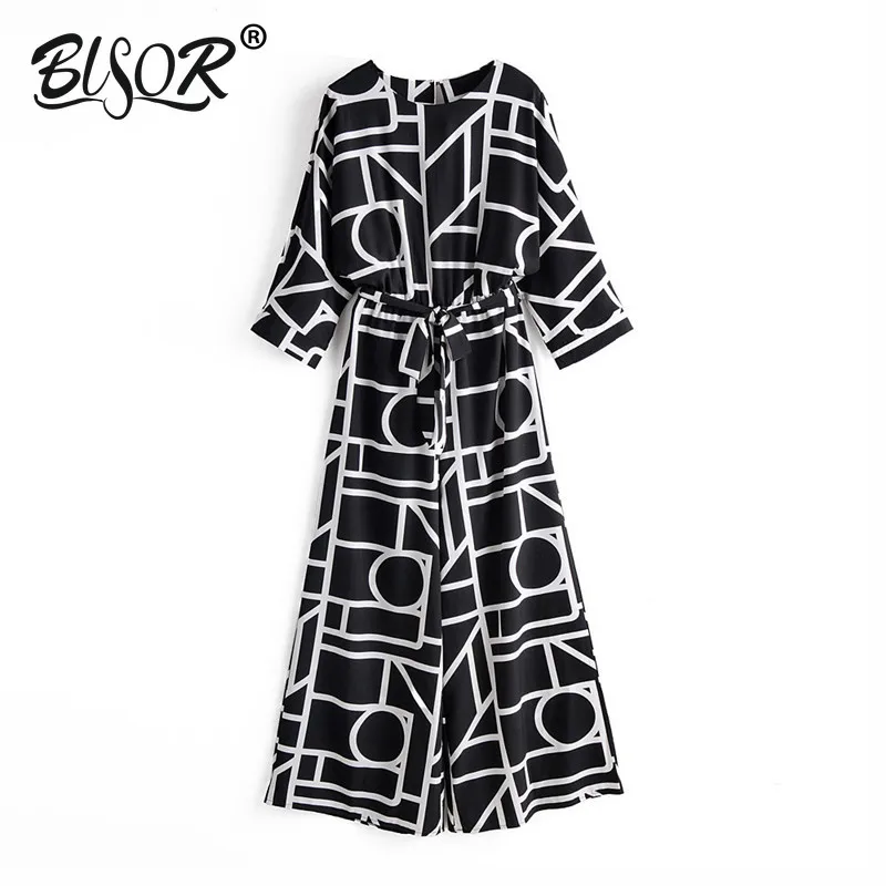 

Women vintage geometric pattern jumpsuits wide leg pants bow tie belt pockets rompers female chic black playsuits
