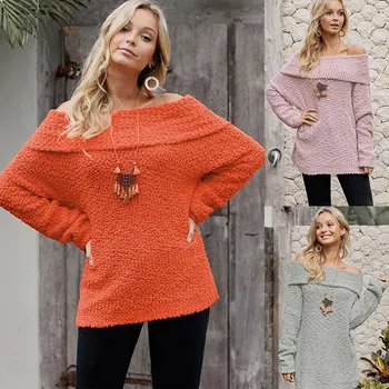 

Madam clothing OWLPRINCESSS New Style Solid Color Wrap-around Horizontal Neck Long Sleeve Loose-Fit Pullover Woollen Sweater