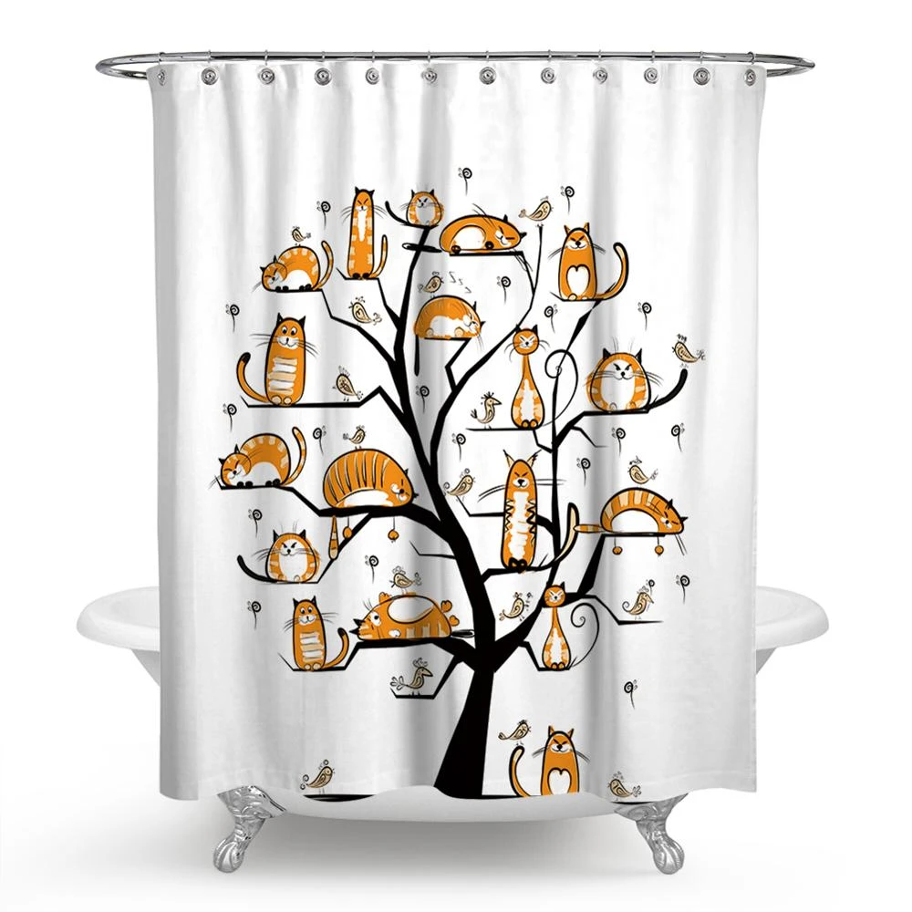 Funny Tree Family Shower Curtain Orange Cat Douchegordijn 3d Bath Curtain Polyester Fabric Kids Bathroom Curtain Black And White Shower Curtains Aliexpress