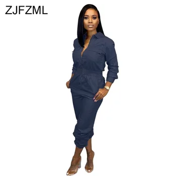 

Elastic Waist Casual Denim Long Jumpsuit For Women Turn Down Collar Full Sleeve Playsuit Streetwear Front Zipper Pocket Bodysuit