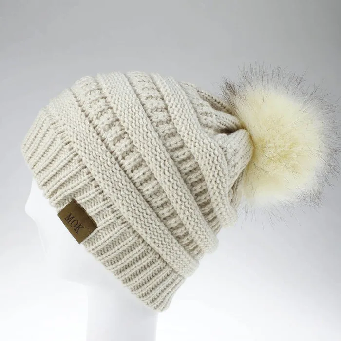 beige Woman Winter Warm Knitted Hat with Faux Fur Pom Pom Ball Skully Beanie hats Soft Thick Female casual ski caps - Цвет: beige