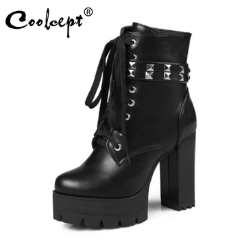

Coolcept Size 33-43 4 Color Women High Heel Boots Female Half Short Shoes Stylish Rivets Strap Botas Lace Up Platform Shoes