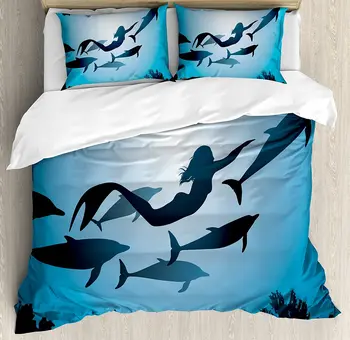 

Underwater Duvet Cover Set The Mermaid and Dolphins Underwater View Travel Diving Fin Sea Life Bedding Set Black Blue