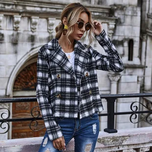 

Slim-Fit Plaid Double-Breasted Small Suit Jacket Women's 2020 Autumn Women's Long-Sleeved Shirt oversized blazer