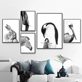 

Nordic Animal Black and White Elephant Penguins Zebra Art Canvas Poster Home Wall Decor (No Frame)