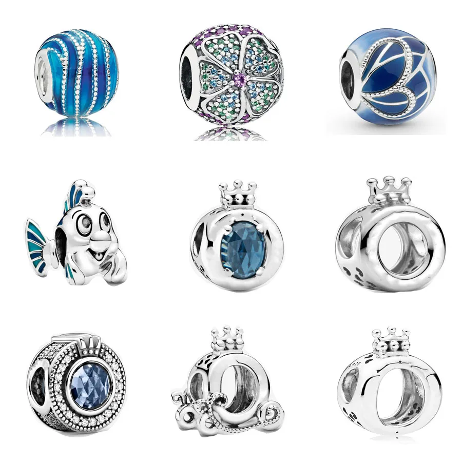 Nuovo 925 Sterling Silver Glorious Bloom Blue Zircone Sparkling Crown O Charm Fit Bracciale Little Mermaid Flounder Bead Gioielli Fai Da Te