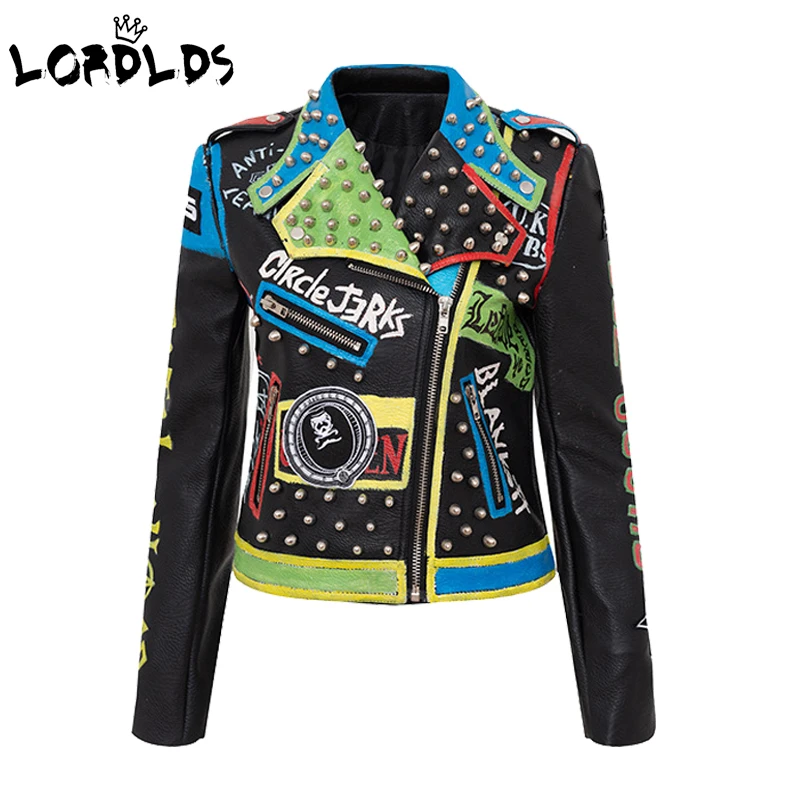 Costa Simpático patrón LORDLDS chaqueta de cuero con Graffiti para mujer, chaquetas y abrigos de  Moto de los años 80, ropa de calle Punk Retro de lucha de colores  combinados|chaquetas básicas| - AliExpress