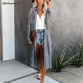 

Striped Long Kimono Cardigan Women Autumn Long Sleeve Blouse Beach Cover Up Long Tops Loose Ladies Office Shirts Blusas Outwear