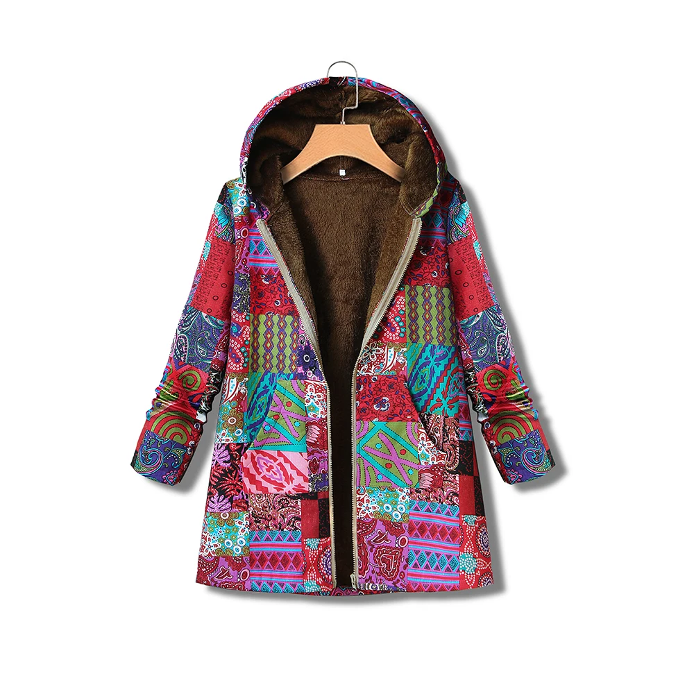 

Folk Print Women Jacket Plus Size Zipper Casual Jacket 4xl 5xl Women 2019 Autumn Winter Warm Vintage Coat Female Hooded Jacket