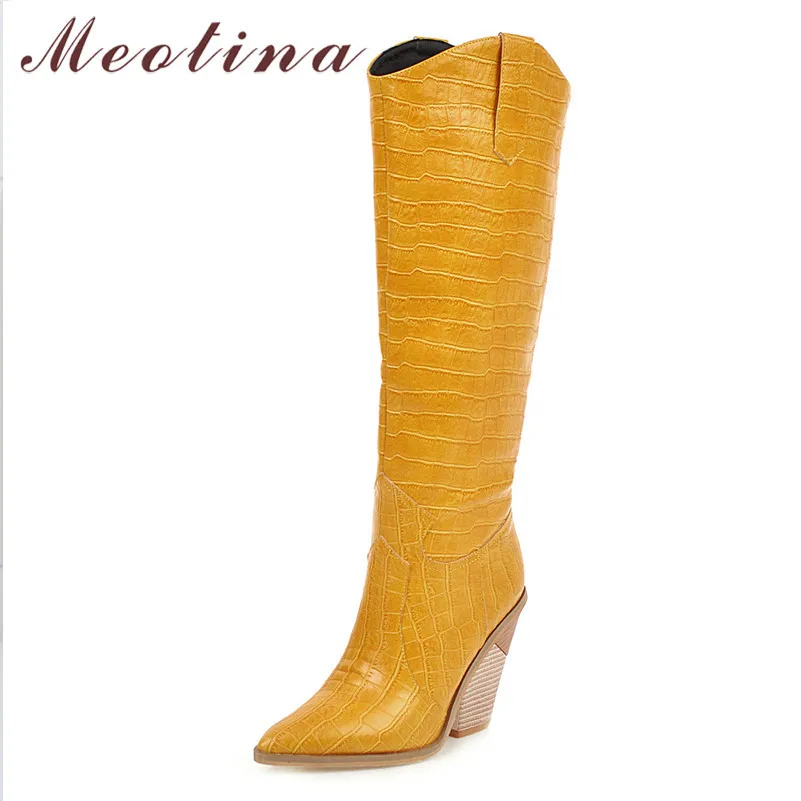 

Meotina Winter Knee High Boots Women Slip on Strange Style High Heel Western Boots Fashion Pointed Toe Shoes Ladies Autumn 34-46