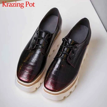 

Krazing pot print genuine leather casual shoes white sneaker round toe thick bottom fashion lace up women vulcanized shoes L1f6