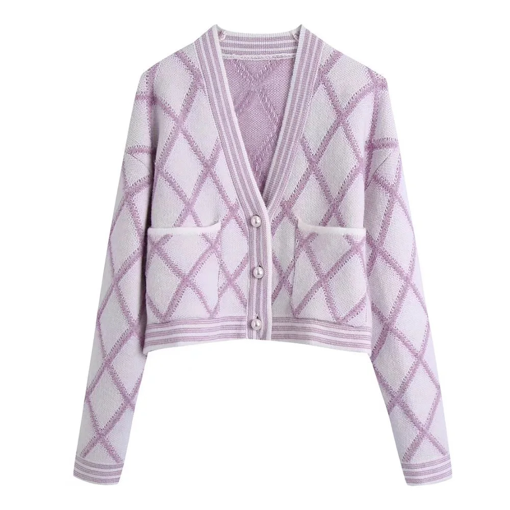 KPYTOMOA Women Fashion Loose Argyle Knit Cardigan Sweater Vintage Long Sleeve Patch Pockets Female Outerwear Chic Tops pink sweater