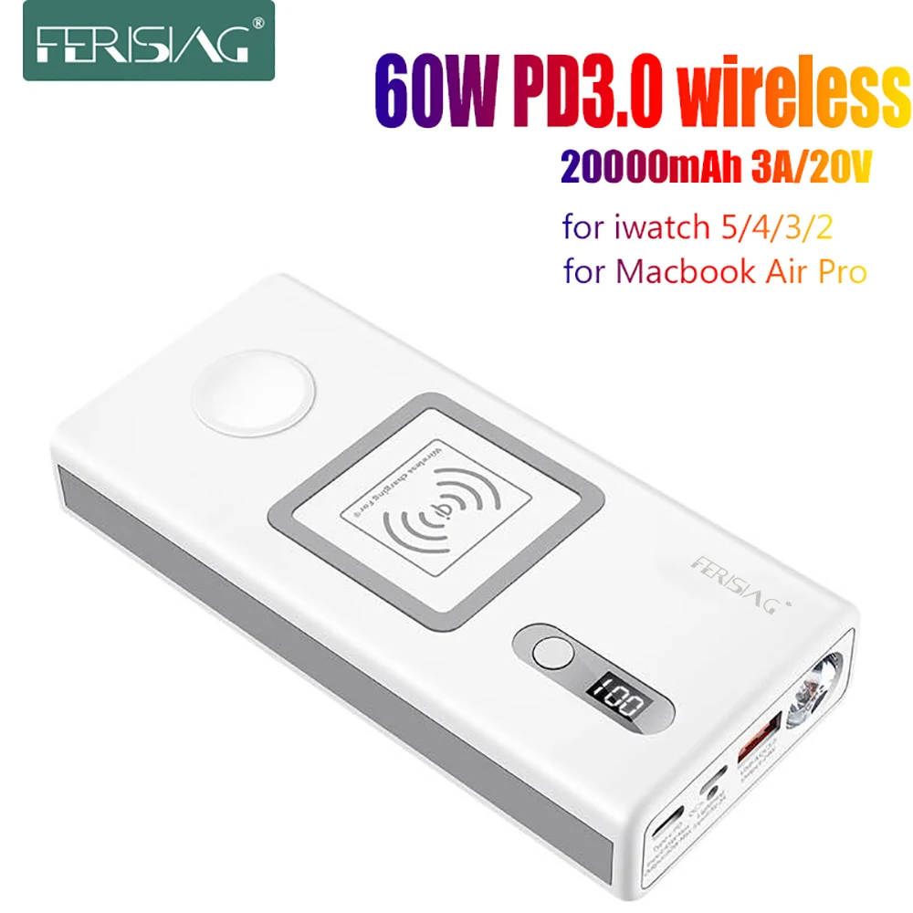 FERISING Wireless PD3.0 60W Fast Charger Power Bank 20000mAh for Apple Watch 5/4/3/2 iPhoneX for iWatch series Macbook Air pro afbeelding
