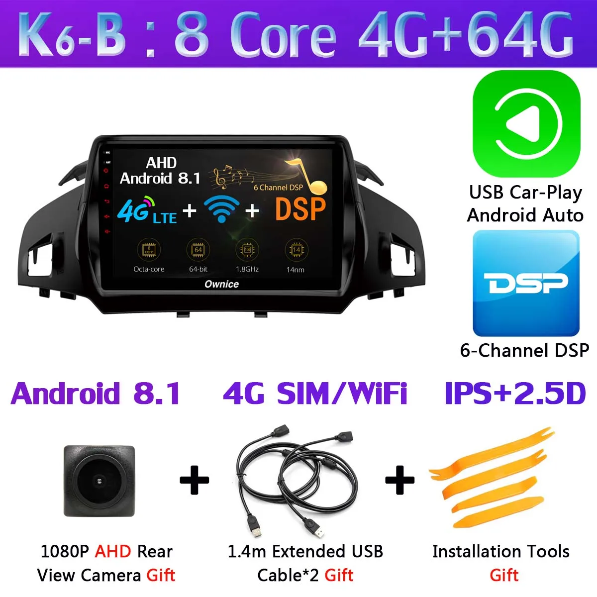 K6-B-CarPlay 360 ° панорамная 4 × камера 4G LTE Android 9,0 4G+ 64G SPDIF DSP CarPlay автомобильный мультимедийный плеер для Ford Kuga 2013- C-Max gps радио - Цвет: K6-B-CarPlay