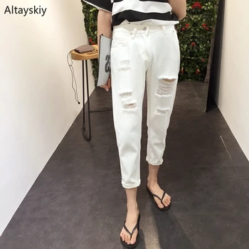 

Jeans Women New Korean Style High Waist Loose Solid Holes Simple All-match Elegant Daily Students Leisure Soft 2020 Womens Girls