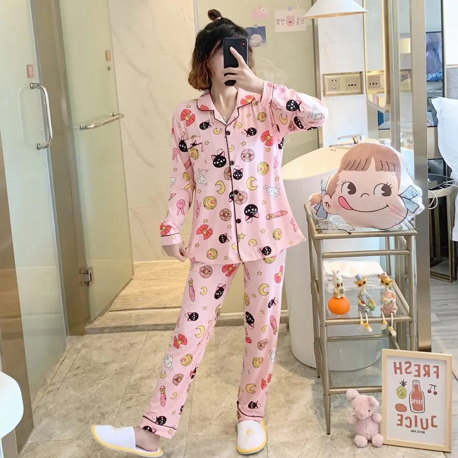 Conjuntos de pijamas con estampado de Anime para Mujer, ropa de dormir de de manga Pijama rosa para camisón Harajuku, envío directo AliExpress