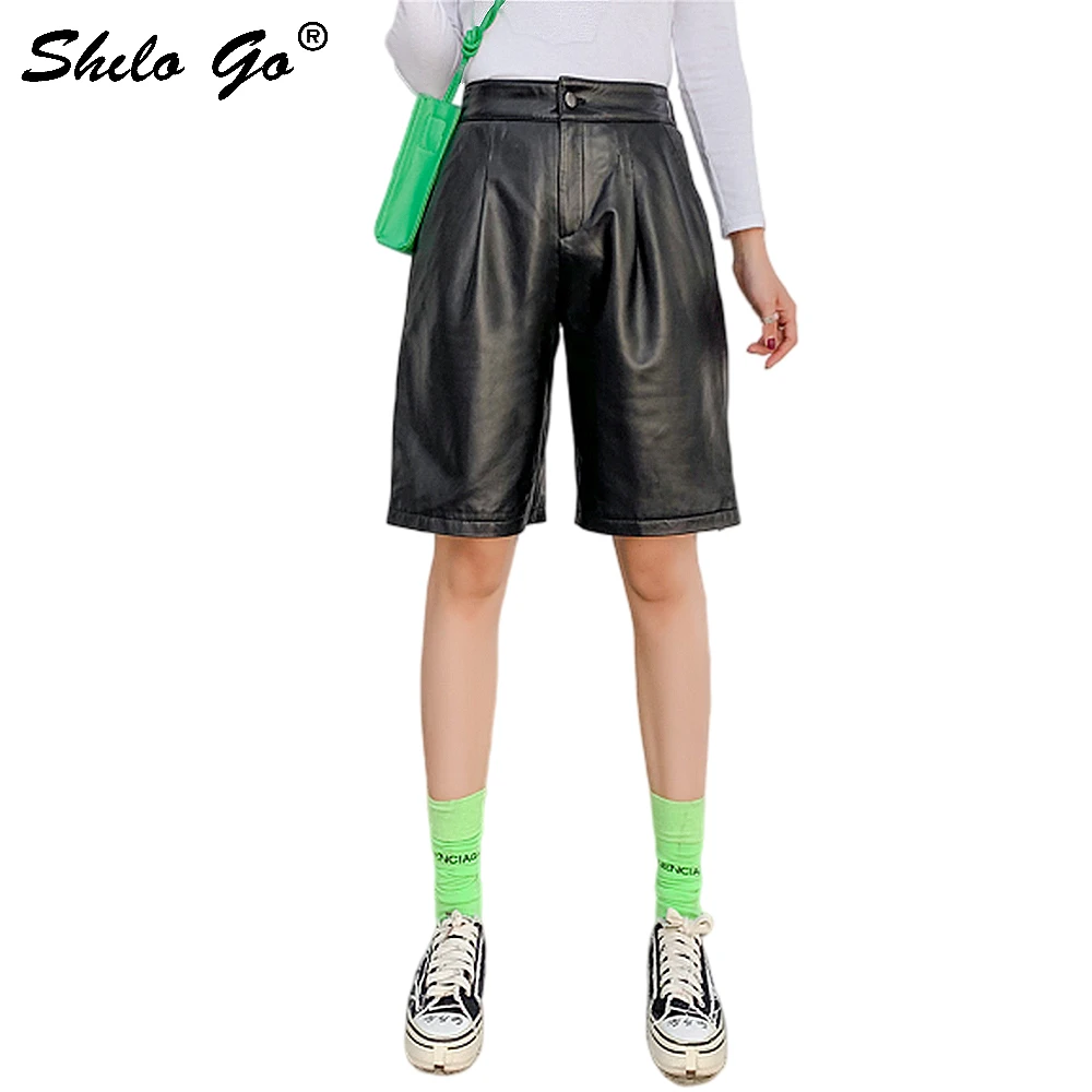 

Genuine Leather Pants Minimalist Button Front High Waist Knee Length Sheepskin Straight Pants Women Autumn Casual Boots Trousers