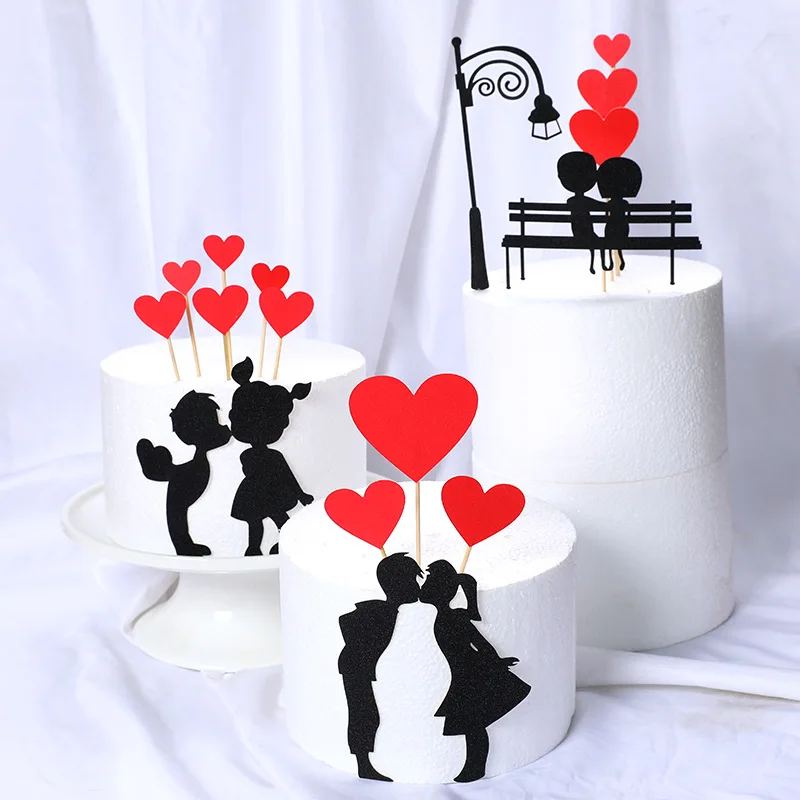 Bajo costo Conjunto de corazones de amor para magdalenas de boda, conjunto de amantes dulces, decoración de pastel para aniversario, San Valentín, adornos de pastel de fiesta YypKoQdLM