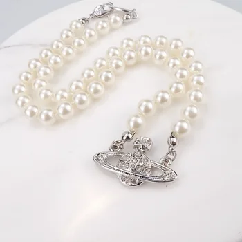 

Niche Light Luxury Celi French Style Crystals Silver Plated Saturn Pearl Necklace Female Freshwater Pearl Clavicle Chain