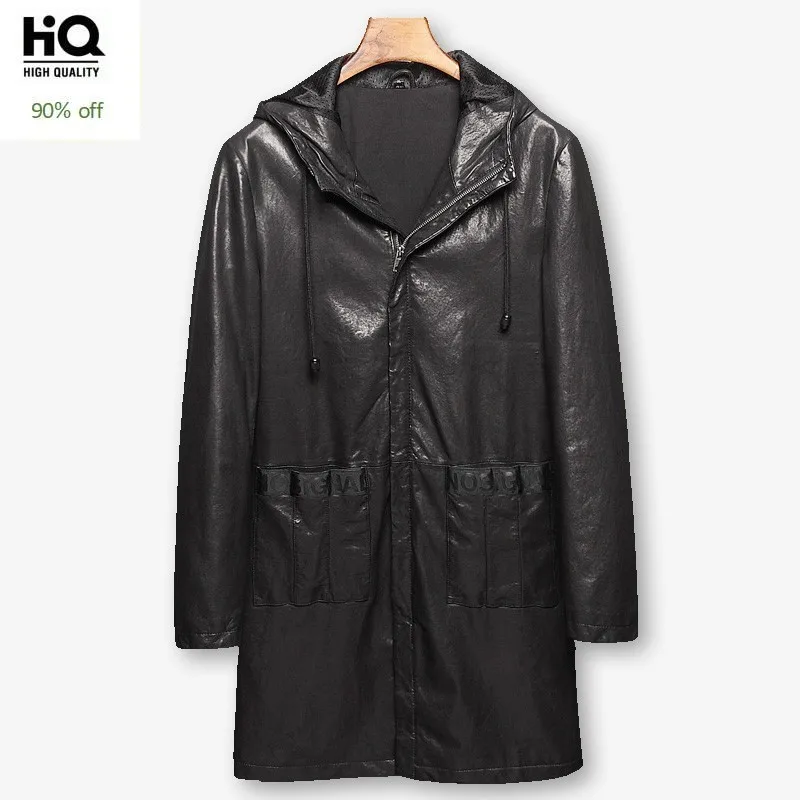 

Fashion Spring Autumn Male Sheepskin Medium Length Trench Coats Hooded Pockets Slim Fit Mens Genuine Leather Jackets Plus Size