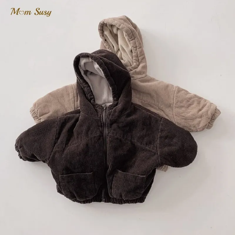 Baby Boy Girl Corduroy Down Jacket Fleece Thick Warm Infant Toddler Hooded Winter Coat Cotton Padded Outfit Baby Clothes 1-7Y