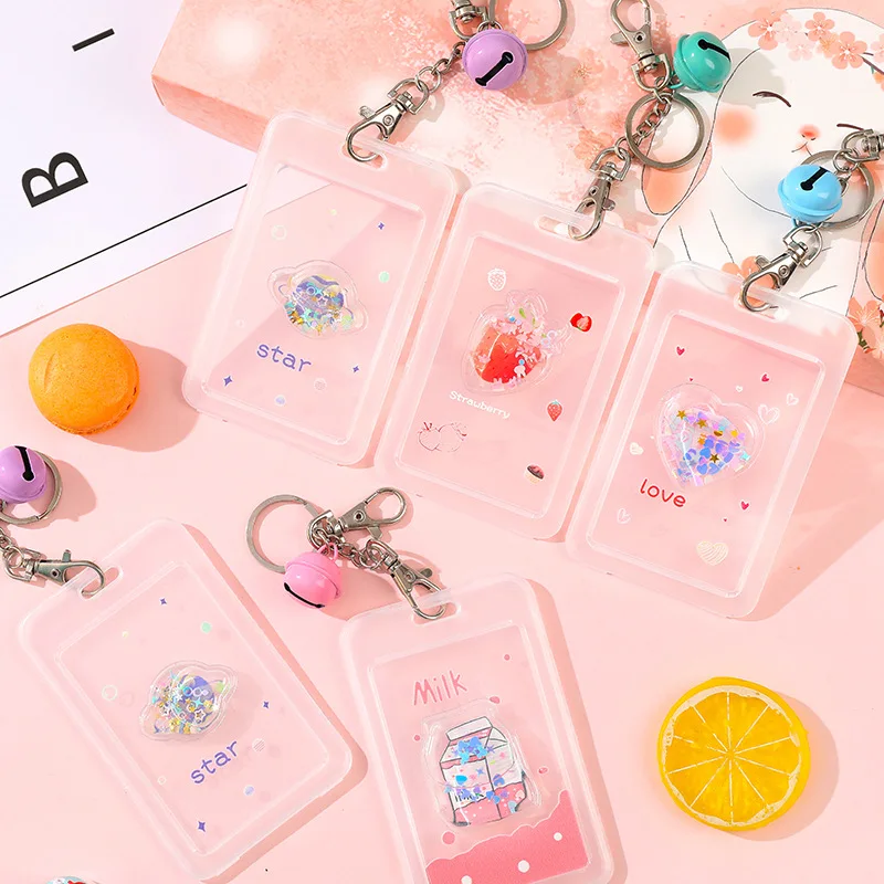 New Cute Quicksand Loving Heart Credit Card ID Holder Bag Student Women Travel Bank Bus Business Card Cover Badge With Keychain