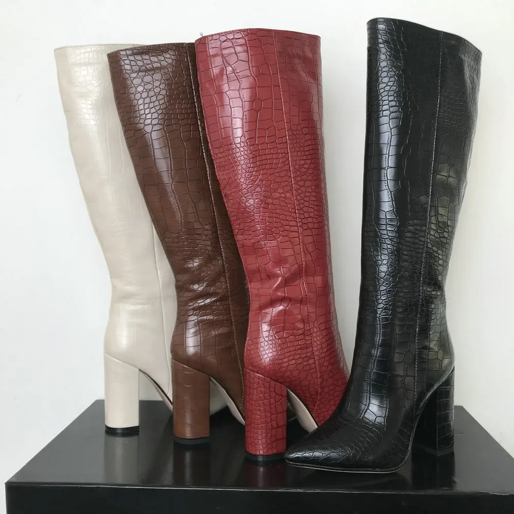Модные сапоги до колена; женские высокие сапоги из искусственной кожи на толстом высоком каблуке; модная осенне-зимняя женская обувь; размеры 34-43