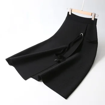 

078 Autumn Women Knitting Midi Skirts High Waist Lace-Up Women Winter Skirts Saia Faldas Women Clothes A-Line Skirt Female