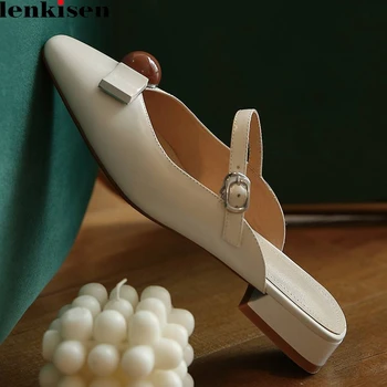 

Lenkisen high quality handmade madien cow leather round toe low square heels mules lace on metal fasteners daily wear pumps L92