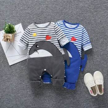 

New Autumn Baby Newborn Baby Rompers Long Sleeve Cartoon Casual 3D Shark Fish Striped Clothes Boys Cotton Jumpsuit High Quality