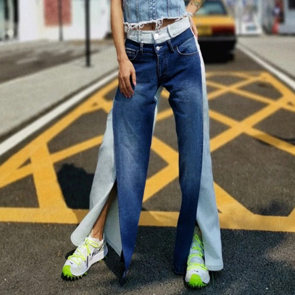 

Women Sexy Jeans Patchwork Zipper Color Block Split Western Fashion Thin Loose Denim Pants Lady Casual Trousers Date Work 2020