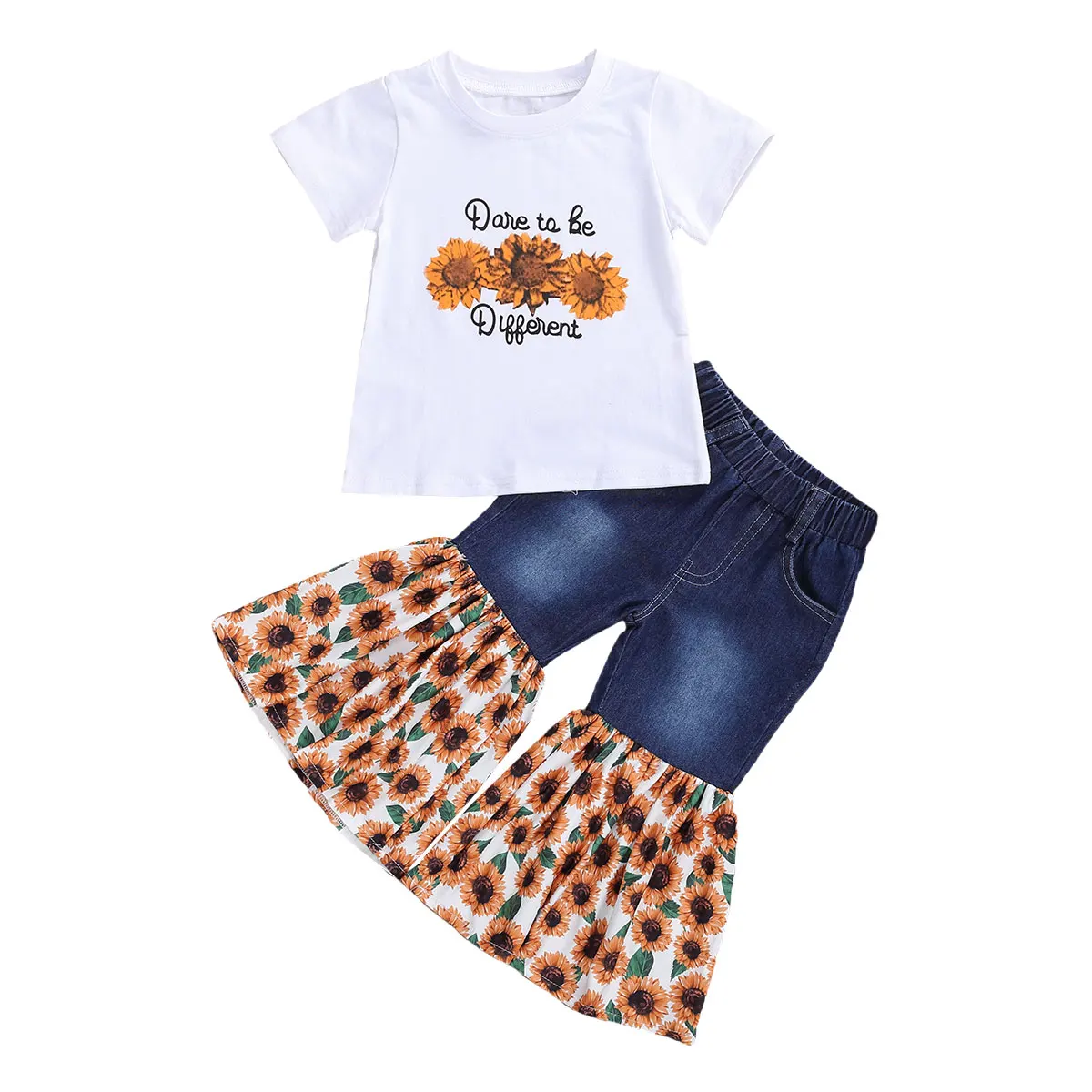 Kids Toddler Girls Clothes Set 2Pcs Sunflower Summer Short Sleeve T-shirts Patchwork Denim Flare Pants Suits Clothing Outfits | Детская