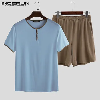 

Summer Men Pajamas Sets Patchwork Short Sleeve O Neck T Shirt Soft Shorts 2 Pieces 2020 Breathable Pyjamas Sets Homewear INCERUN