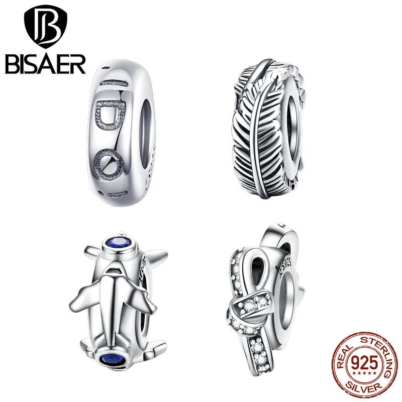 BISAER, 925 пробы, серебро, 4 стиля, зажим, пробки, бусины, подвески, любовь, самолет, узел, перо, сделай сам, прекрасные аксессуары GXC1215