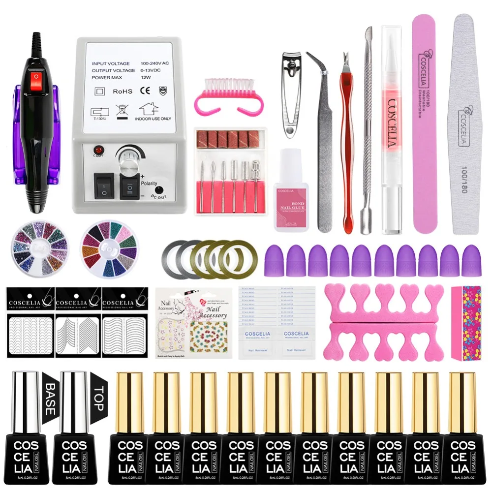 COSCELIA Набор для маникюра, 10 цветов, набор гелевых лаков, набор для сверления ногтей, пилочка для ногтей, инструмент, набор для наращивания ногтей