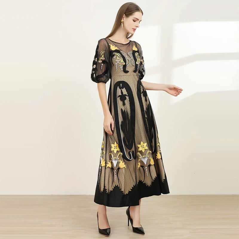 Весеннее и летнее Новое тонкое кружевное вечернее платье с вышивкой дамское в рукавах Ретро Вышивка Черное чистое с кружевами длиной до лодыжки вести