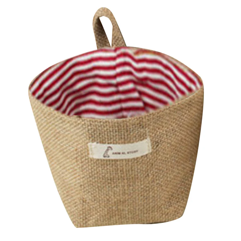 2 Pcs Cotton Linen Art Flower Pot Small Sack Hanging Jute Cotton Dot Storage Basket Storage Bag,(Blue Point& Red Stripes