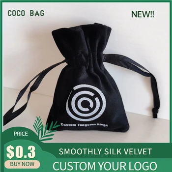 

7x10cm Custom Logo Black Super Soft Silk Velvet Bag Smoothly Flannel Cloth Small Drawstring Pouches Jewelry Bead Storage Bags