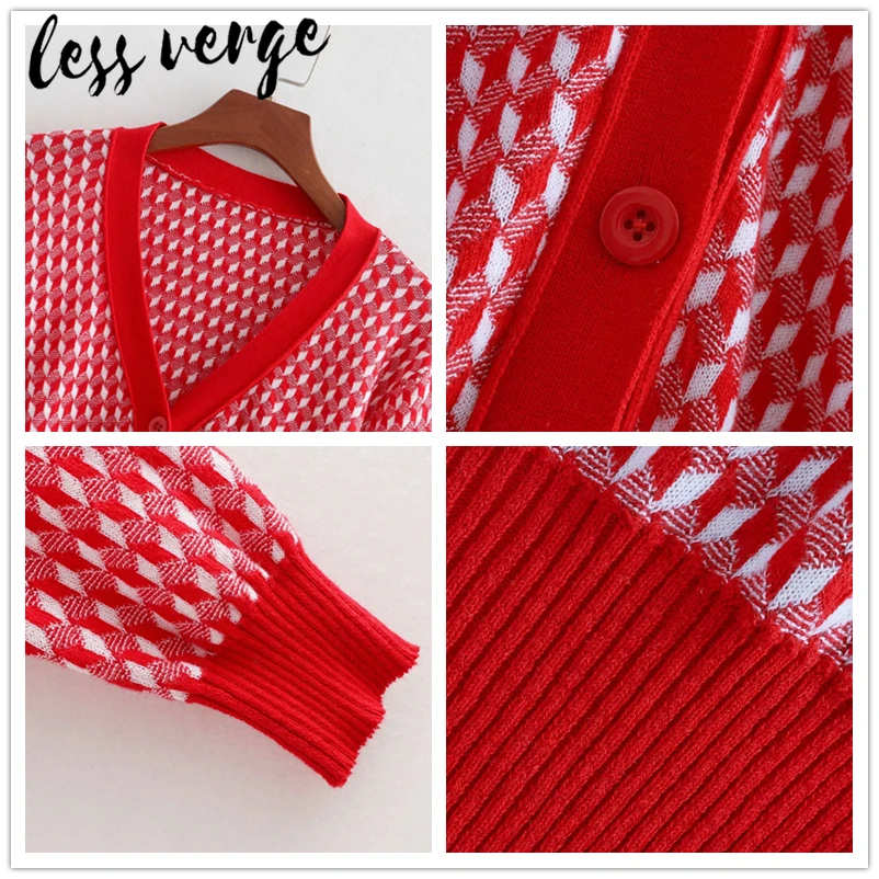 Lessverge вязаный красный Рождественский кардиган, свитер для женщин, длинный рукав, v-образный вырез, кнопка, зимний свитер, Женский клетчатый винтажный свитер