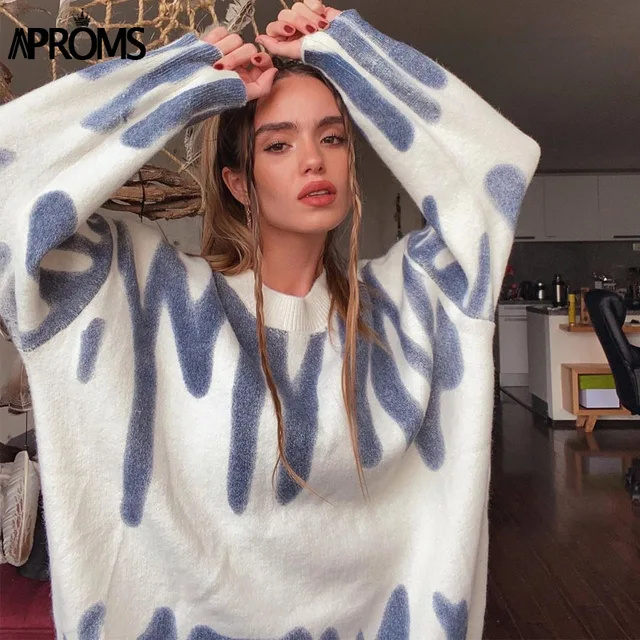 Aproms Elegant Green Striped Print Oversized Pullovers Women Winter O-Neck Loose Long Sweaters Streetwear Warm Outerwear 2021 White Navy