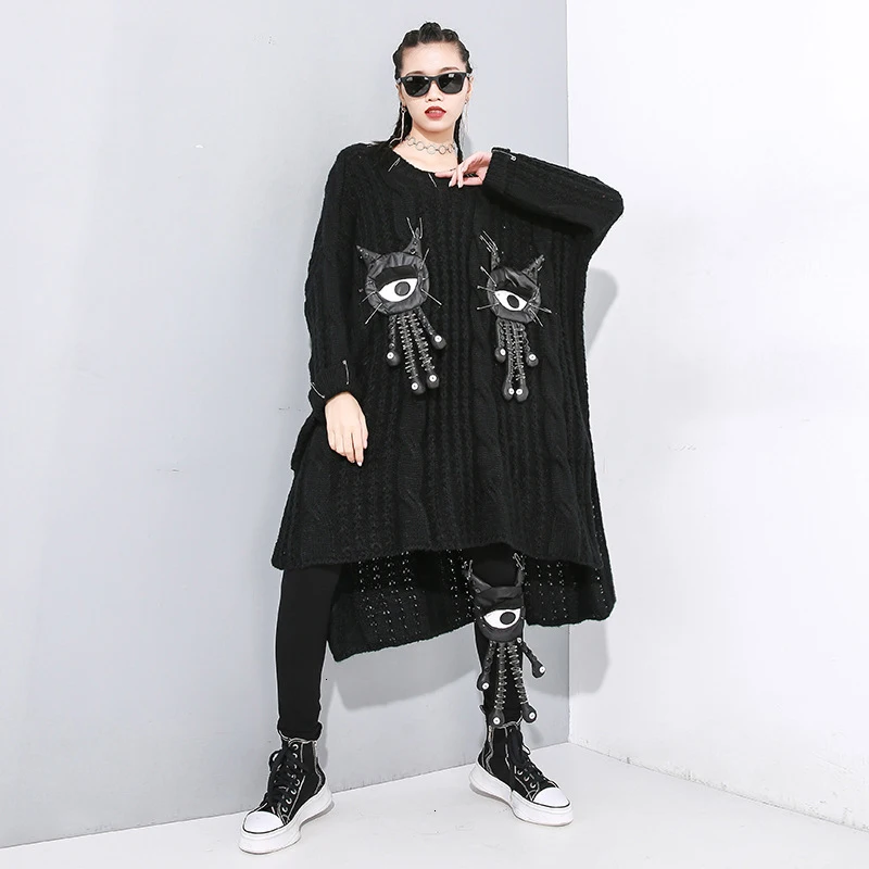 Best Price Black Symmetrical Big Size Knitting Sweater Loose Fit Round Neck Long Sleeve Women Pullovers New Fashion Spring 2020 1N20