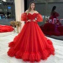

LORIE Vintage Prom Dresses Red Sweetheart Appliques Puff Sleeves A-Line Arabic Evening Gown Tulle Long Party Dress 2021