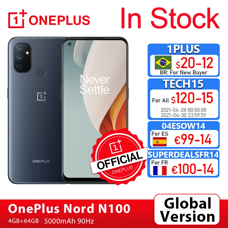 Wersja globalna OnePlus Nord N100 4GB 64GB Smartphone 90Hz 6.52 ''ekran 13MP potrójne kamery 5000mAh 18W OnePlus oficjalny sklep; code:AETECH21411($100-10)