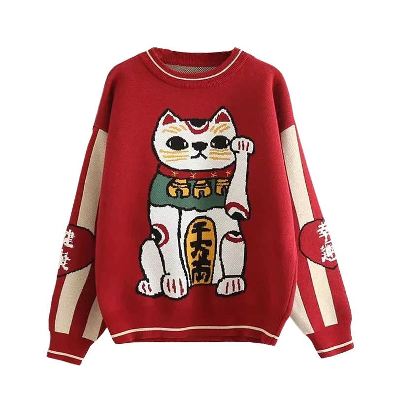 XUANHAO женский свитер с изображением из мультфильма Lucky Cat красные свитера вышивкой