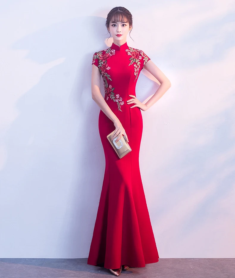 Женское вечервечерние платье-Ципао Красное длинное платье-Русалка с