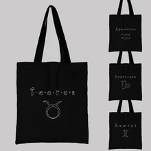 Women's Black Shopping Bag Casual Large-capacity Shoulder Bag Reusable Twelve Constellation Pattern Printed Canvas Carrying Bag