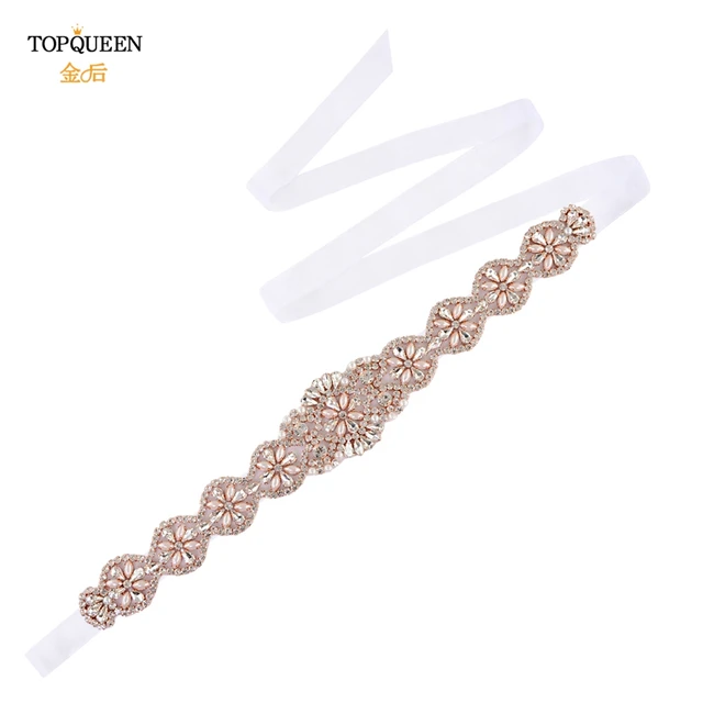TOPQUEEN S161-RG Bridal Wedding Rose Gold Party Belts for Women Fashion Rhinestone Ribbon Fancy Sash Formal Prom Dress Belt Organza  White