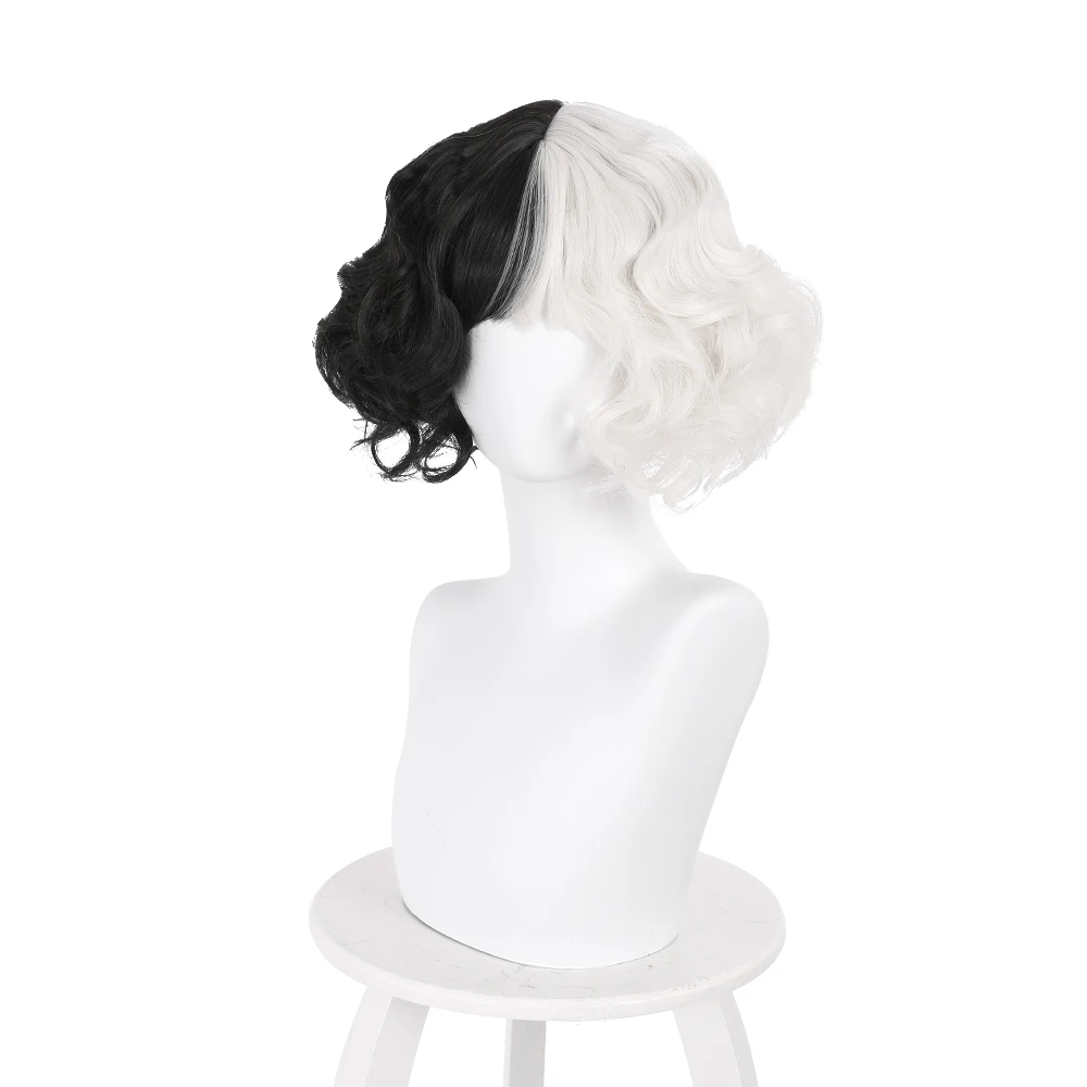 Movie Cruella Wigs Half Black Half Milk White Short Curly Heat Resistant Hair Cruella De Vil Cosplay Wig + Wig Cap Halloween Wig creative halloween costumes