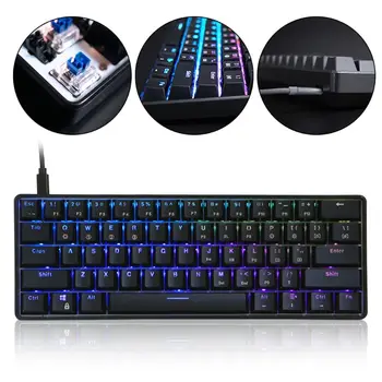 

RGB LED Backlit Wired Mechanical Keyboard,Portable Compact Waterproof Mini Gaming Keyboard 61 Keys Gateron Switchs